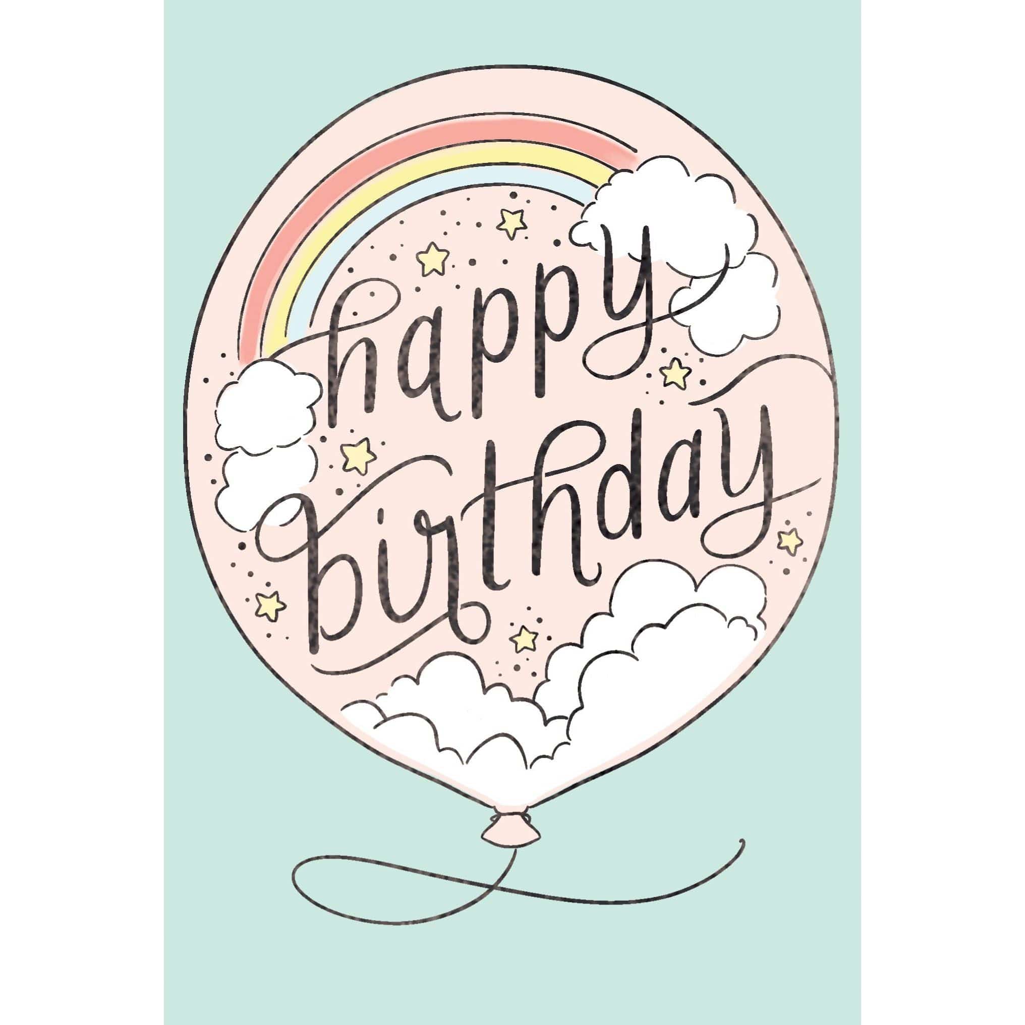 Colorful rainbow balloon birthday card from Pictura, featuring vibrant balloon illustrations on a cheerful greeting card.
